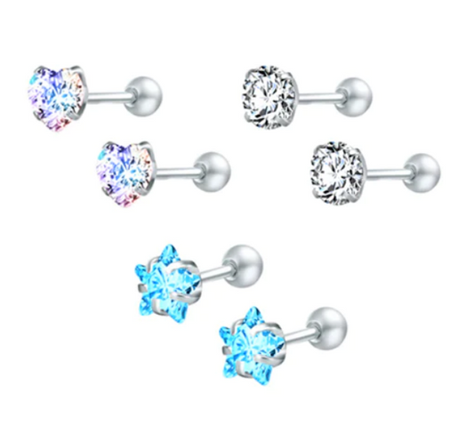 Children's Earrings:  Surgical Steel Reversible Set AAA CZ Screw Back Earrings Set of 3 Age 5 - 12 Pack 2