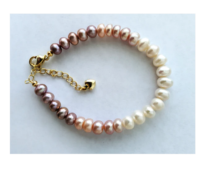 Children's Bracelets:  Gold Plated Freshwater Pearl Bracelets in Graduating Colours 16cm