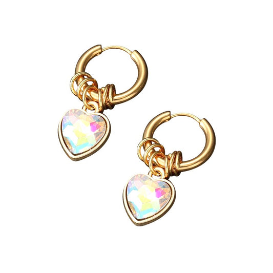 Teens' and Mothers' Earrings:  Steel with Gold IP, Light Aurora Borealis Faceted Heart Hoops