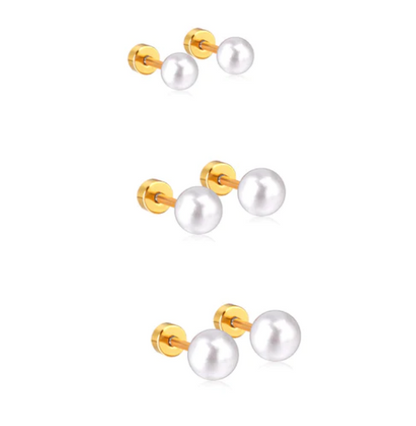 Three sets of pearl screw back earrings with gold-coloured accents and surgical steel hardware, presented against a white background.
