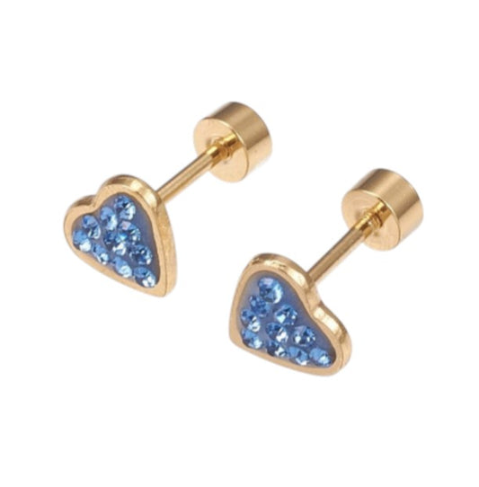 Heart-shaped earrings with blue gemstones and gold posts on a white background