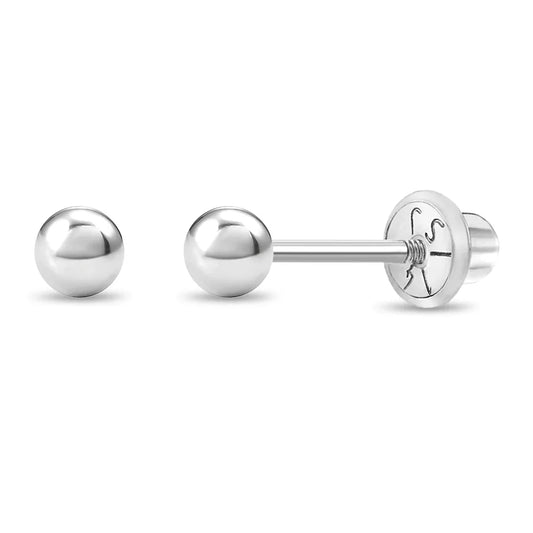 Baby earrings: gold ball stud earrings in 14k white gold with screw backs and polished finish.