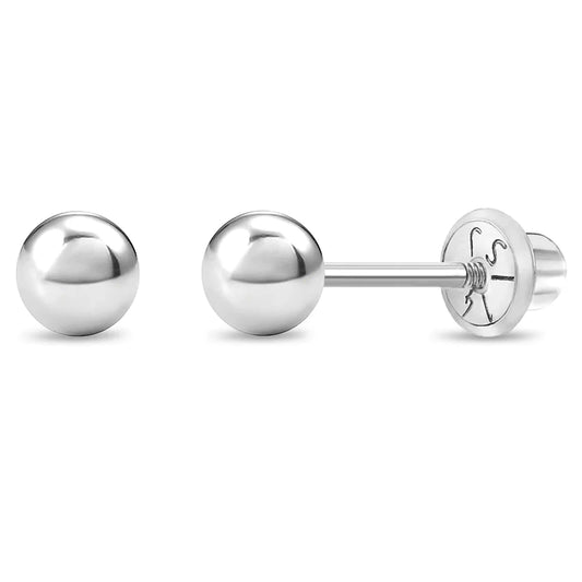 Children's earrings: 14k white gold ball stud earrings with secure screw backs, 4mm size.