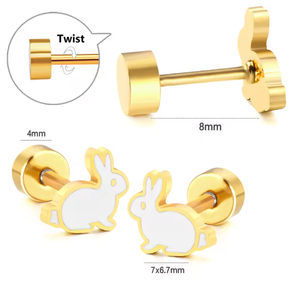Gold bunny-shaped earrings with detailed measurements on a white background