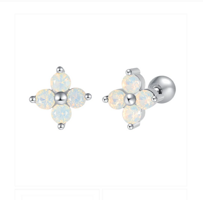 Flower earrings in surgical steel with opalescent white finish and secure screw backs.