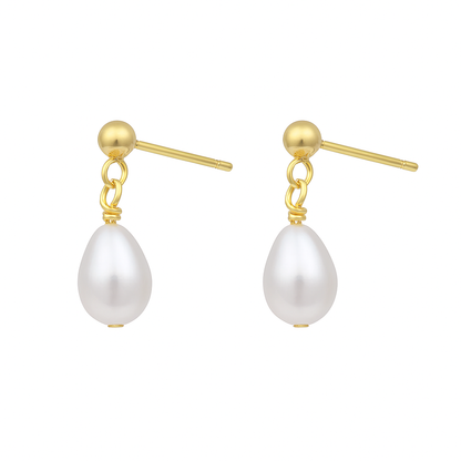 Pair of minimalist drop earrings on a white background, each featuring a polished gold ball stud connected by two small gold rings to a smooth teardrop-shaped white pearl.