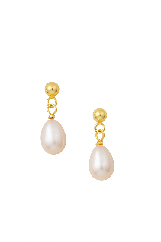 Pair of minimalist drop earrings on a white background, each featuring a polished gold ball stud connected by two small gold rings to a smooth teardrop-shaped white pearl.