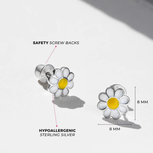 Daisy-shaped earrings with safety screw backs and hypoallergenic sterling silver on a white background.