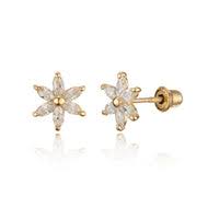 Children's and Teens' Earrings:  14k Gold Pink AAA CZ Flower Screw Back Earrings with Gift Box