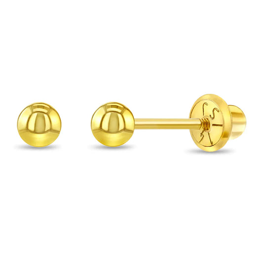 Baby Earrings: Gold Ball Stud Earrings - Solid 14k Yellow Gold Screw Backs (3mm)