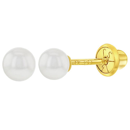 14ct yellow gold white pearl earring studs with screw backs on a white background