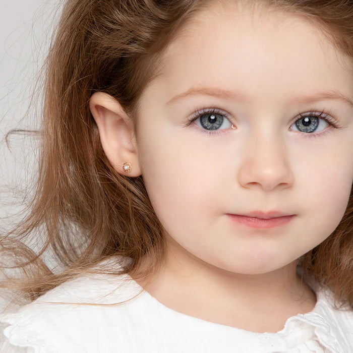 Baby and Children's Earrings:  14k Gold, White Cultured Pearl Flower Screw Backs with Gift Box