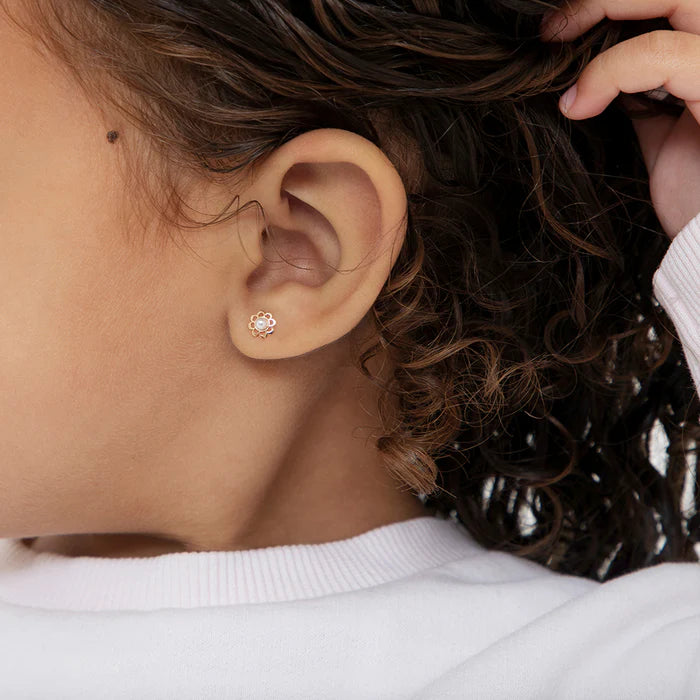 Baby and Children's Earrings:  14k Gold, White Cultured Pearl Flower Screw Backs with Gift Box