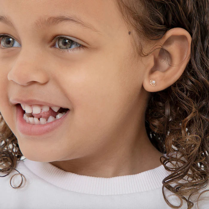 Baby and Children's Earrings:  14k Gold, White Cultured Pearl Flower Screw Backs with Gift Box