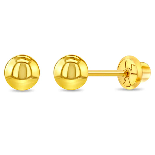 Children's Earrings: Gold Ball Stud Earrings - Solid 14k Yellow Gold Screw Backs (5mm)