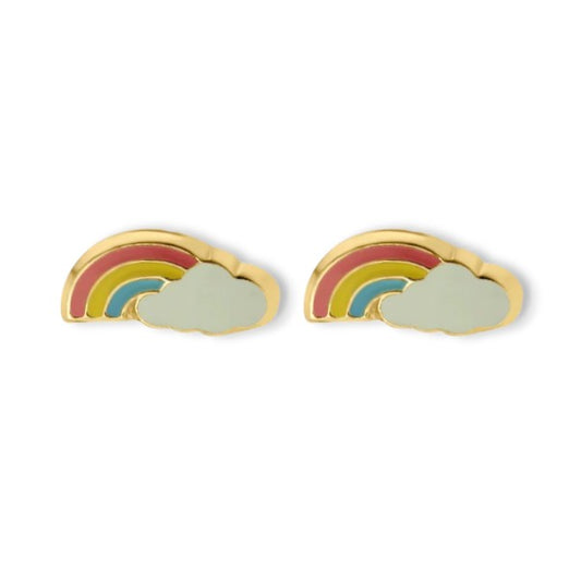 Over the Rainbow 14K gold enamel stud earrings girls featuring a rainbow and cloud design.
