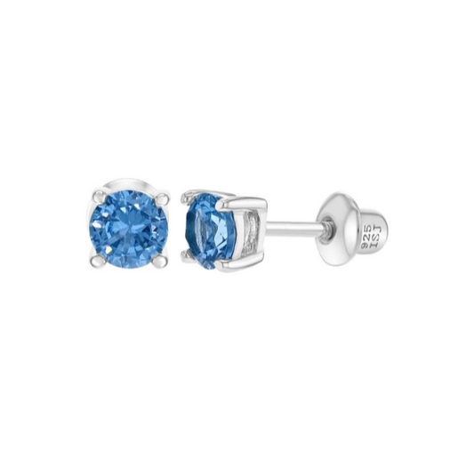 Baby and Children's Earrings - Sterling Silver Four Prong 4mm Blue CZ with Screw Backs