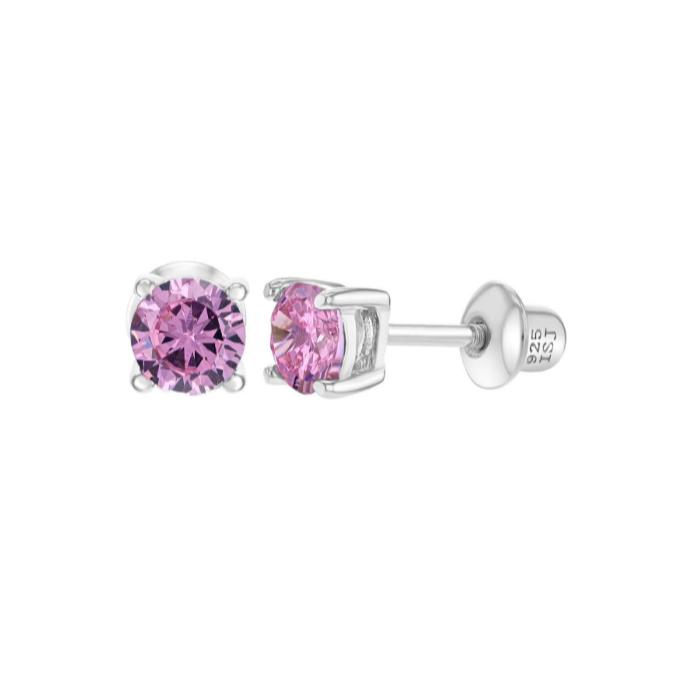 Baby and Children's Earrings - Sterling Silver Four Prong 4mm Pink CZ with Screw Backs