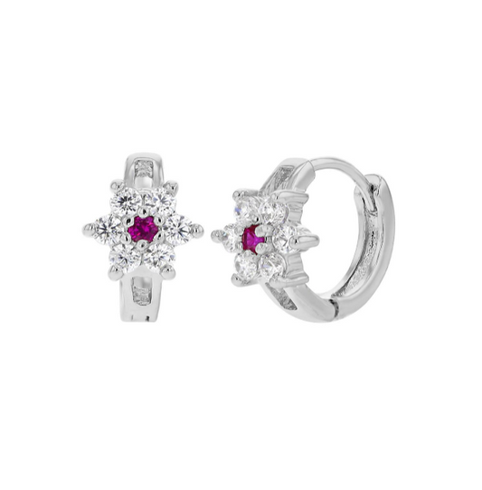Children's Huggies:  18k White Gold Filled Huggies with Dark Pink CZ Flower