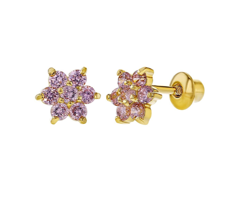 Baby and Childrens Earrings:  18k Gold Filled Flower Earrings Pink CZ with Screw Backs