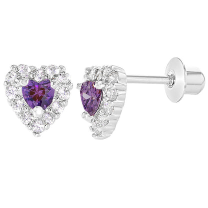 A pair of sterling silver heart earrings with purple and clear cubic zirconia stones and screw back closures for babies and children.