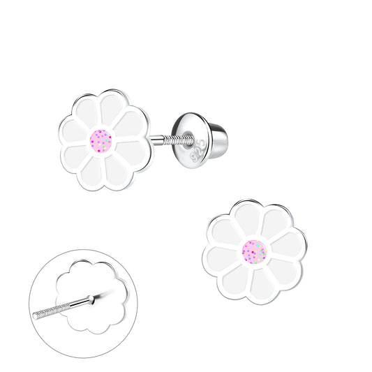 Children's Earrings:  Sterling Silver, Pink and White Enamelled Daisy Earrings with Screw Backs