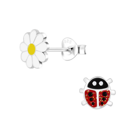 Baby and Pre-Schoolers' Earrings:  Sterling Silver, Enamelled Ladybug Plus Enamelled Daisy Earrings