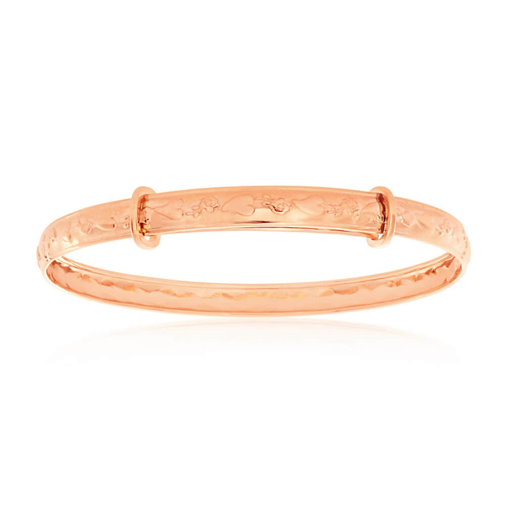 Baby Bangles:  9k Rose Gold Hearts and Roses Adjustable Christening Bangle 3 Months - Age 3 with Gift Box