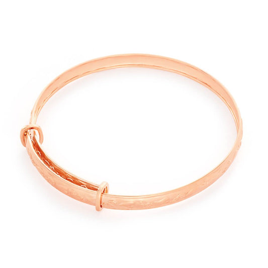 A 9k rose gold adjustable baby bangle with a hearts and roses pattern, presented against a white background.