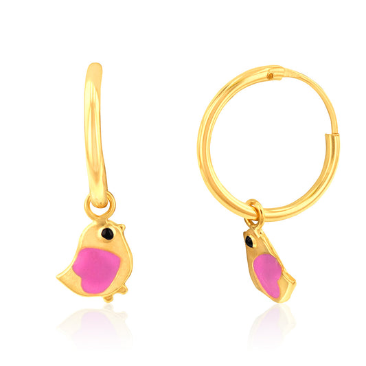 Children's Earrings:  9k Gold 10mm Sleeper Earrings with Pink Bird Charm, with Gift Box