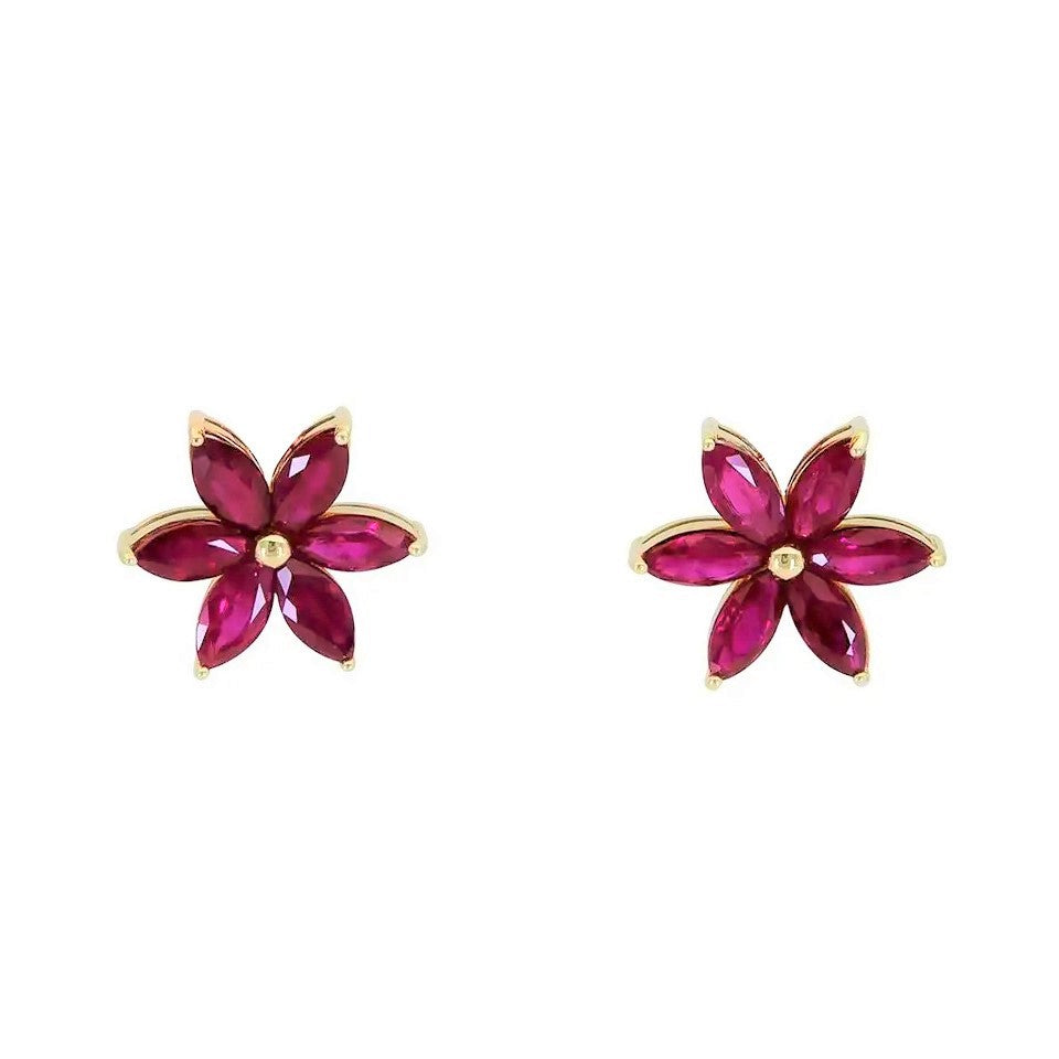 Children's and Teens' Earrings:  14k Gold Ruby AAA CZ Flower Screw Back Earrings with Gift Box