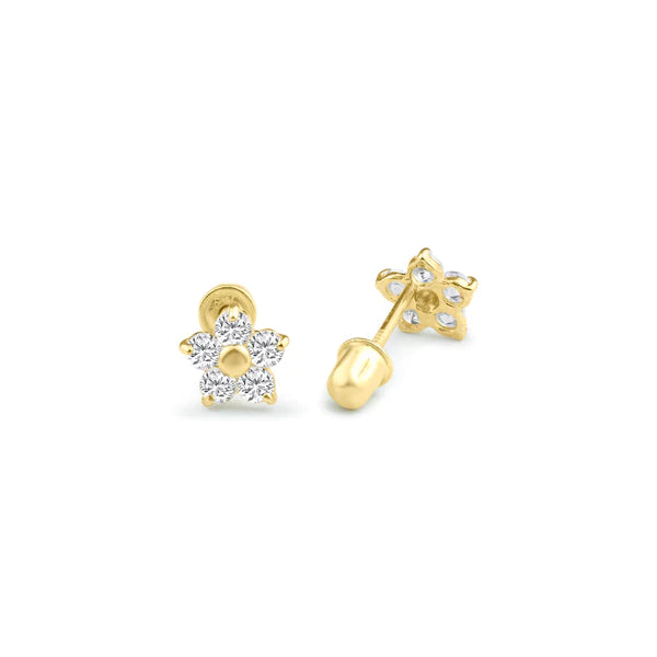 Baby and Children's Earrings:  14k Gold Clear CZ, Flower Screw Back Earrings with Gold Centres, with Gift Box