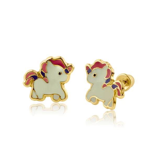 Children's Earrings:  14k Gold Unicorn Screw Back Earrings with Gift Box
