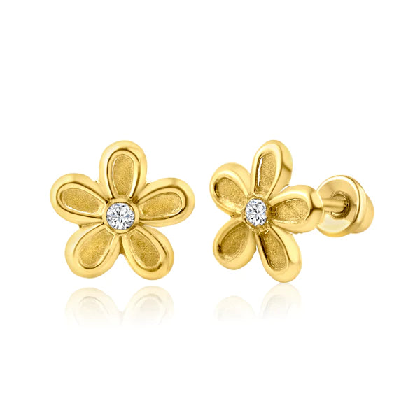 Children's Earrings:  14k Gold Flower with Central CZ with Screw Backs and Gift Box