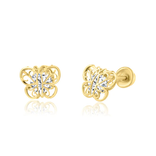 Baby and Children's Earrings:  14k Gold Filigree Butterfly Earrings with CZ, Screw Backs and Gift Box
