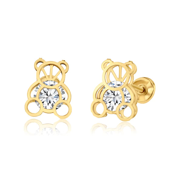 Baby and Children's Earrings:  14k Gold Teddy Bear Earrings with CZ, Screw Backs and Gift Box