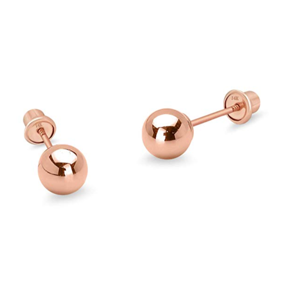 Children's Earrings:  14k Rose Gold Ball Studs 4mm with Screw Backs with Gift Box