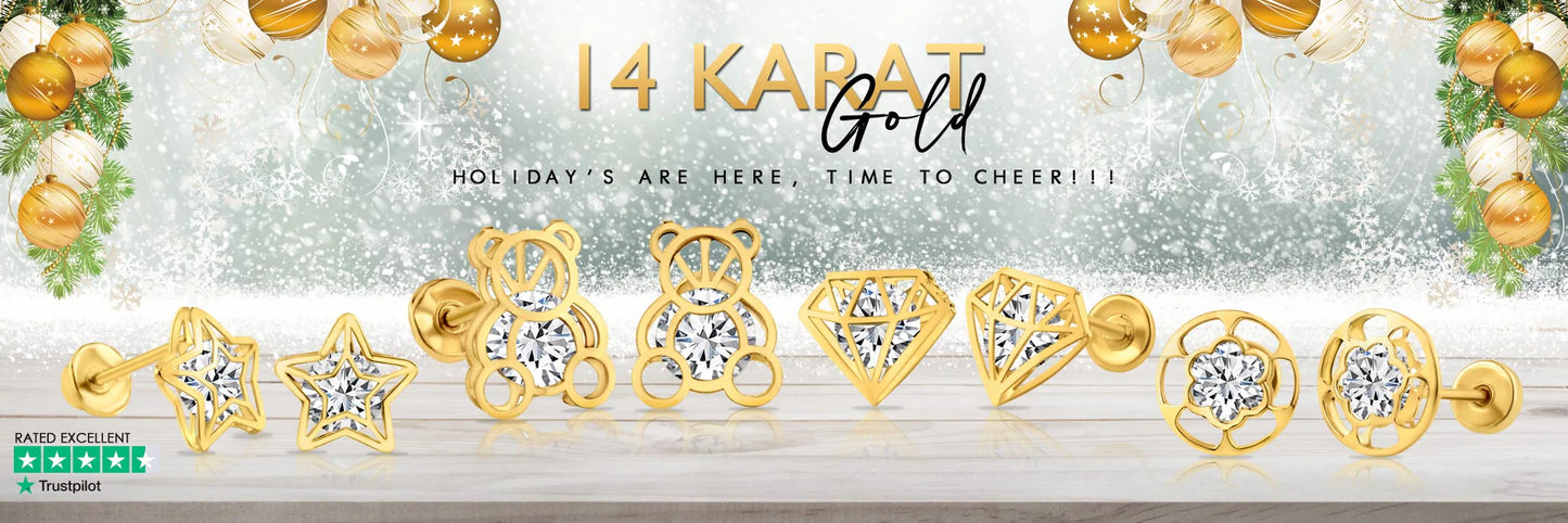 Baby and Children's Earrings:  14k Gold "Diamonds" with CZ, Screw Backs and Gift Box