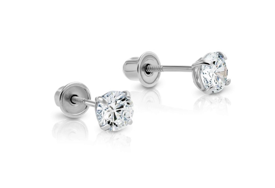 Children's Earrings:  14k White Gold Clear, 4 Prong 4mm AAA Solitaire CZ Screw Backs with Gift Box