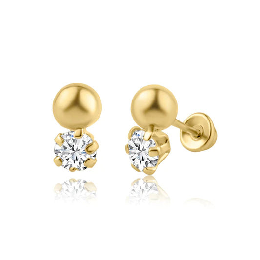 A pair of 14k gold ball stud earrings with cubic zirconia stones and screw backs designed for babies and children, displayed against a white background.