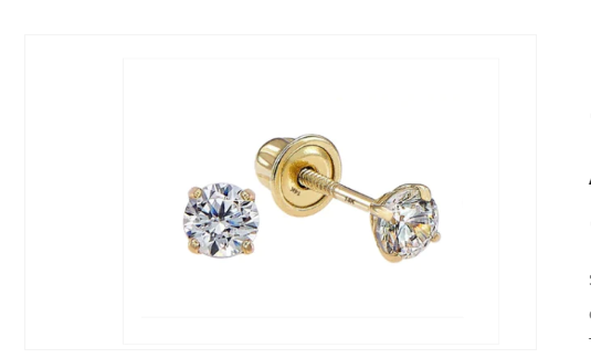 A pair of 14k gold screw back earrings with clear, 3mm AAA CZ stones, on a white background