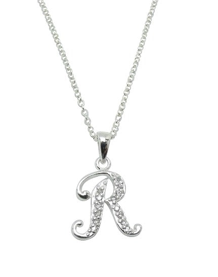 Children's Necklaces:  Sterling Silver/CZ Initial R Necklaces On Your Choice of Chain Length