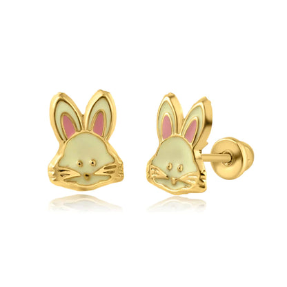 A pair of 14k gold bunny rabbit screw back earrings with white and pink enamelling, displayed against a white background.