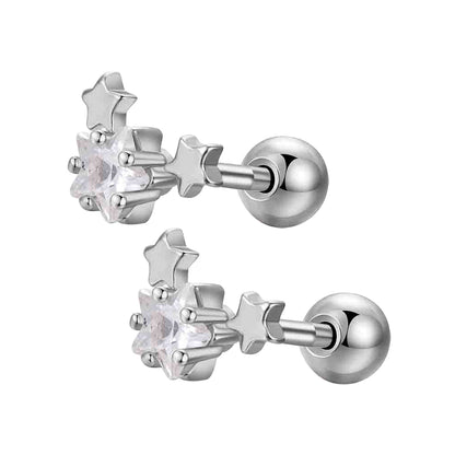 Children's Earrings:  Surgical Steel, Clear CZ, Triple Stars Earrings with Screw Backs