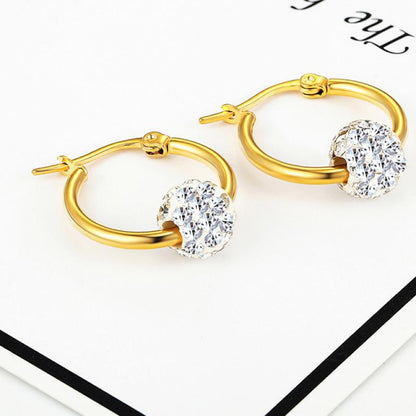 Teens' and Mothers' Earrings:  Gold IP Steel Hoops with Floating Crystal Balls