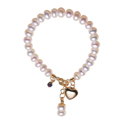 Children's Bracelets:  14k Gold IP Steel Freshwater Pearl Bracelets with Heart and Gift Box Age 5 - Teens