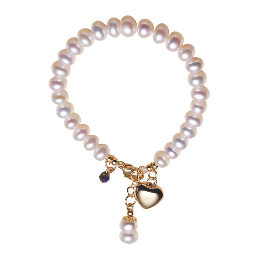 Children's Bracelets:  14k Gold IP Steel Freshwater Pearl Bracelets with Heart and Gift Box Age 5 - Teens CURRENTLY REDUCED