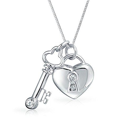 Children's, and Teens' Necklaces:  Silver Plated Puffed Heart with Clear CZ and Key with Clear CZ