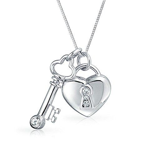 Children's, and Teens' Necklaces:  Silver Plated Puffed Heart Padlock with Clear CZ and Key with Clear CZ