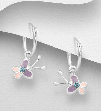 Childrens Earrings:  Sterling Silver Sleepers with Pink and Blue Butterflies